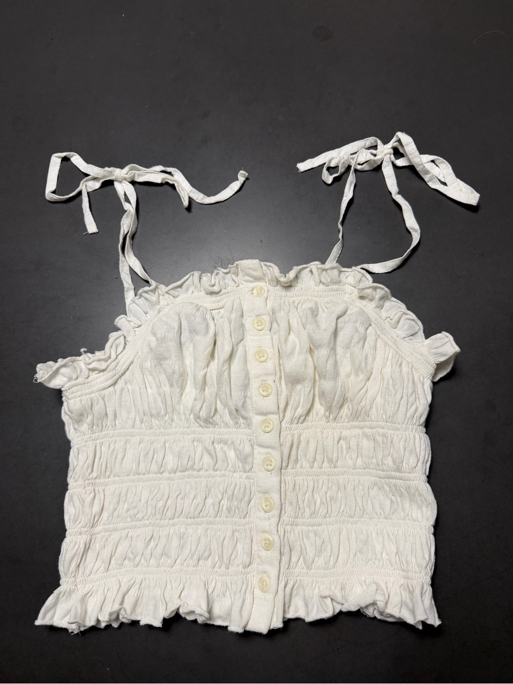 UO White Smocked Button-Front Cami Top with Tie Straps